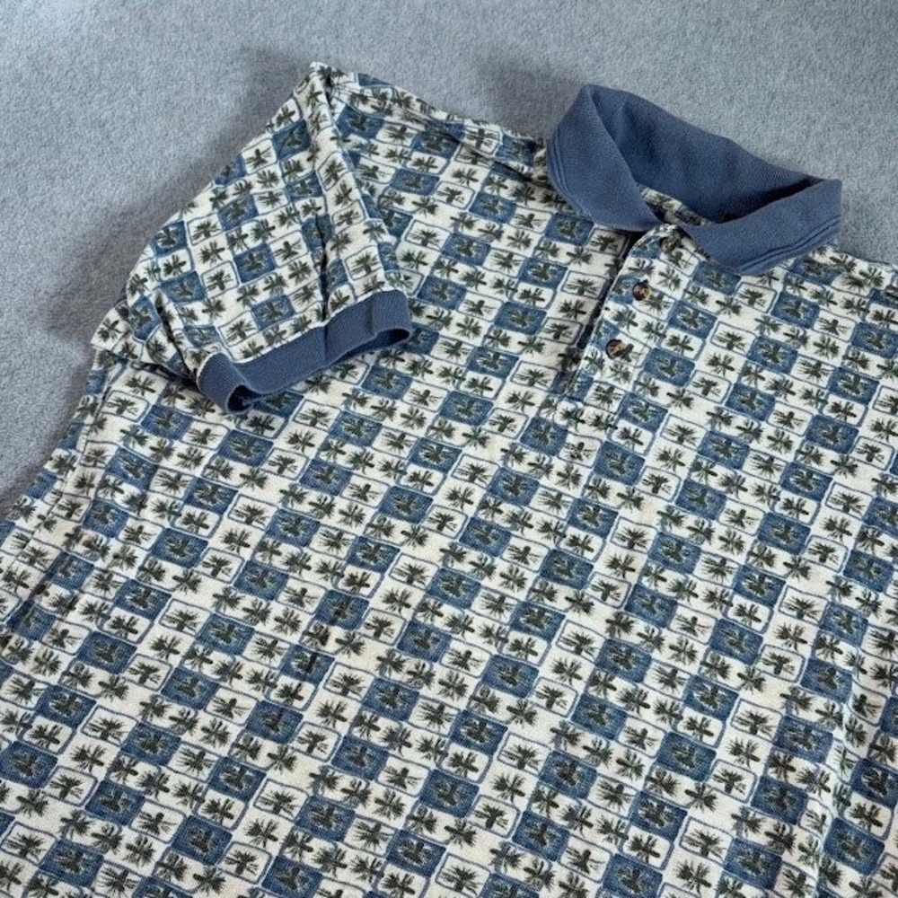 Boston Traders Polo Shirt Mens L Blue White Geometric Palm Tree Cotton VTG